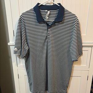 Adidas Navy & White Striped Polo Shirt Golf Preppy Casual